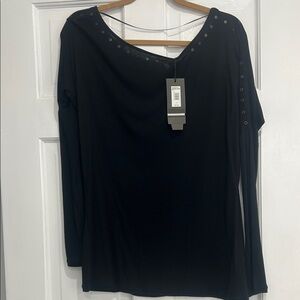 Armani Exchange Black Long-Sleeve Scoop Neck Top with Grommet Detail